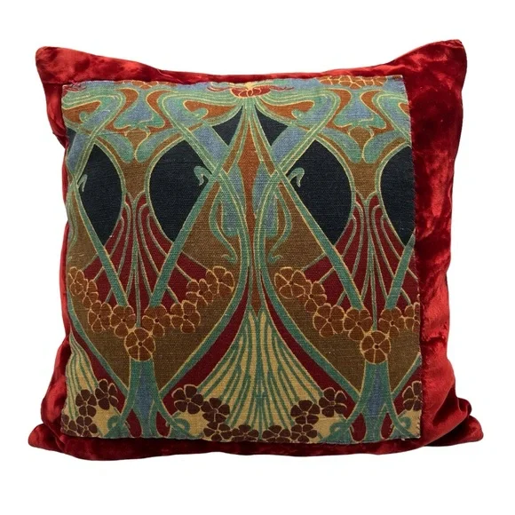 2pc Art Nouveau Liberty Lanthe Print Red Velvet Decorative Throw - Main Image